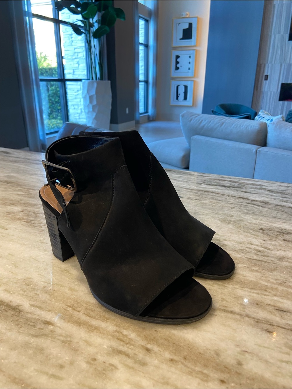 Vionic Black Open-Toe Suede Block Heel Mules with Ankle Buckle